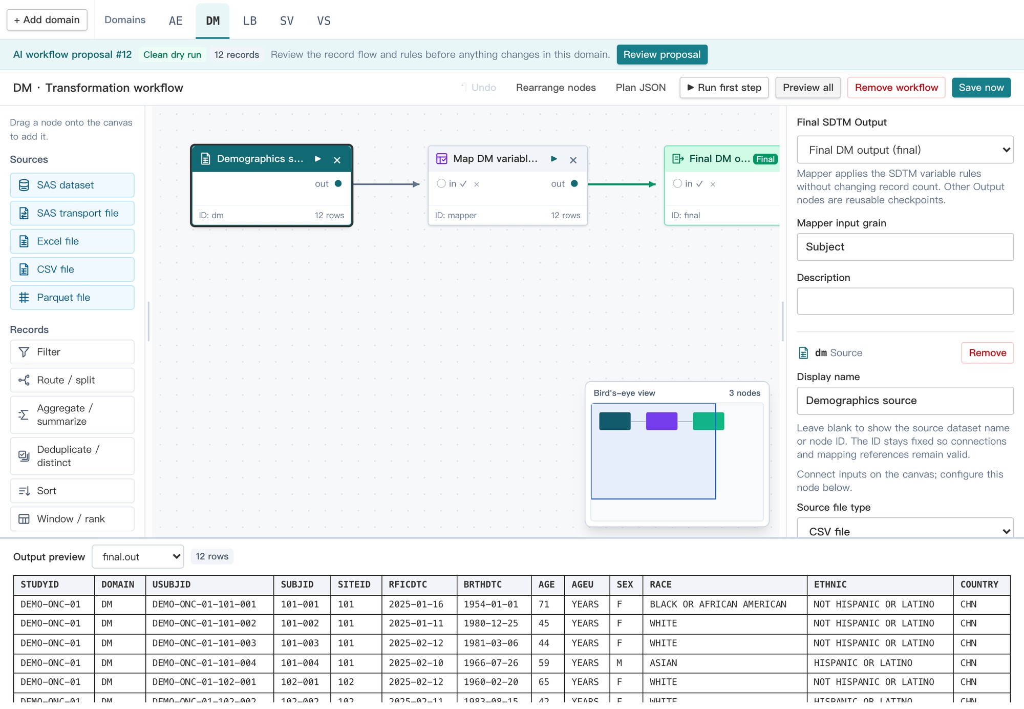 SDTM Studio transformation workflow for the DM domain with the SDTM output preview